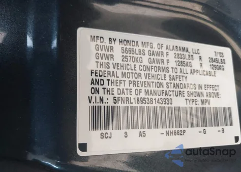 2003 Honda Odyssey Ex-L from USA, damaged, VIN 5FNRL18953B143930